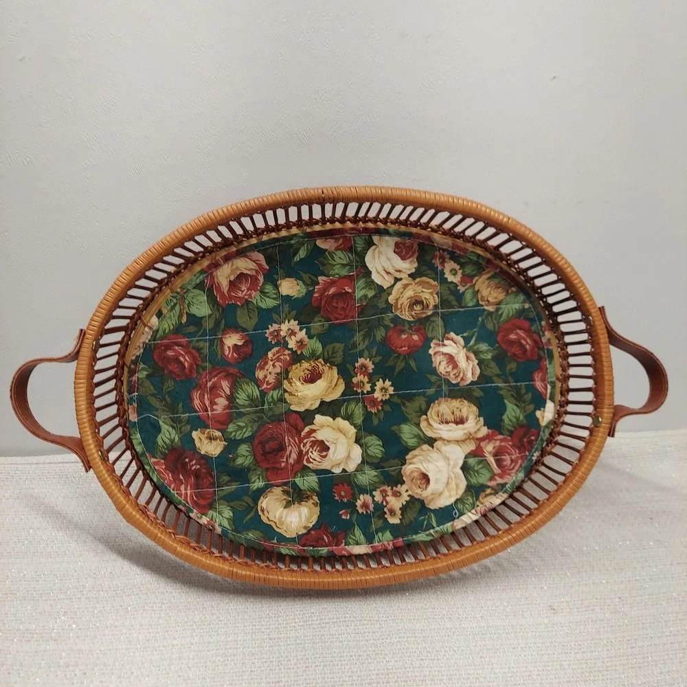 Vintage Oval Wicker Serving Tray Floral Quilted Liner Wood Base 16